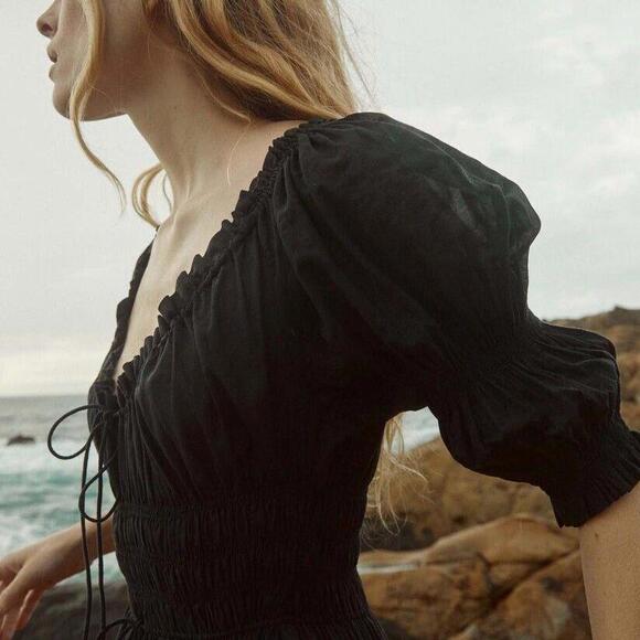 Doen Ischia Maxi Dress Smocked Puff Sleeve Solid Ruffle Badydoll Navy S 275610 - Picture 8 of 15